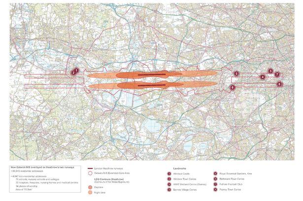 Gatwick's map showing which new areas would be covered were Heathrow to copy its more generous noise insulation scheme